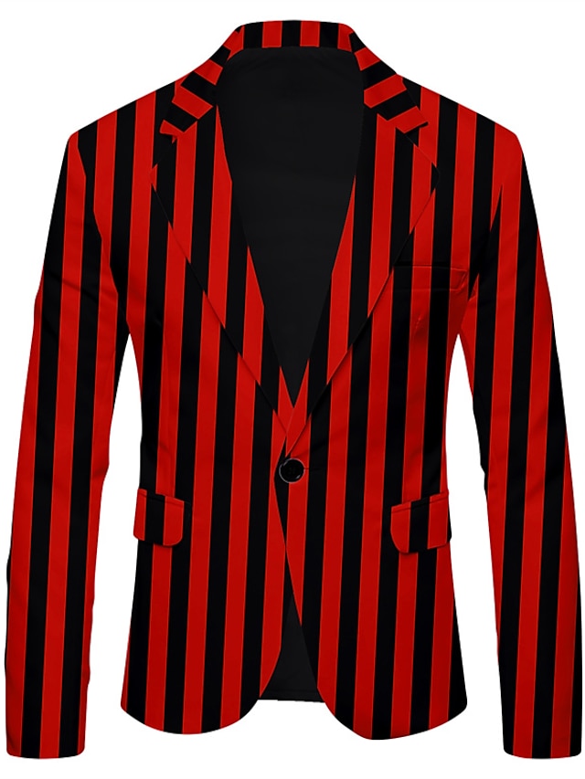 Men's Blazer Business Cocktail Party Wedding Party Fashion Casual Spring &  Fall Polyester Stripes Button Pocket Comfortable Single Breasted Blazer Black White Red