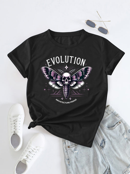Skull Butterfly Graphic Tee, Casual Summer Top for Women with Crew Neck and Short Sleeves