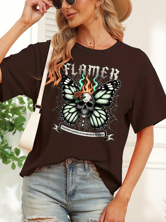 Skull and Butterfly Printed T-shirt for Women's Spring and Summer Fashion