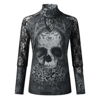 Skull Lace Print Long Sleeve Women's T-shirt