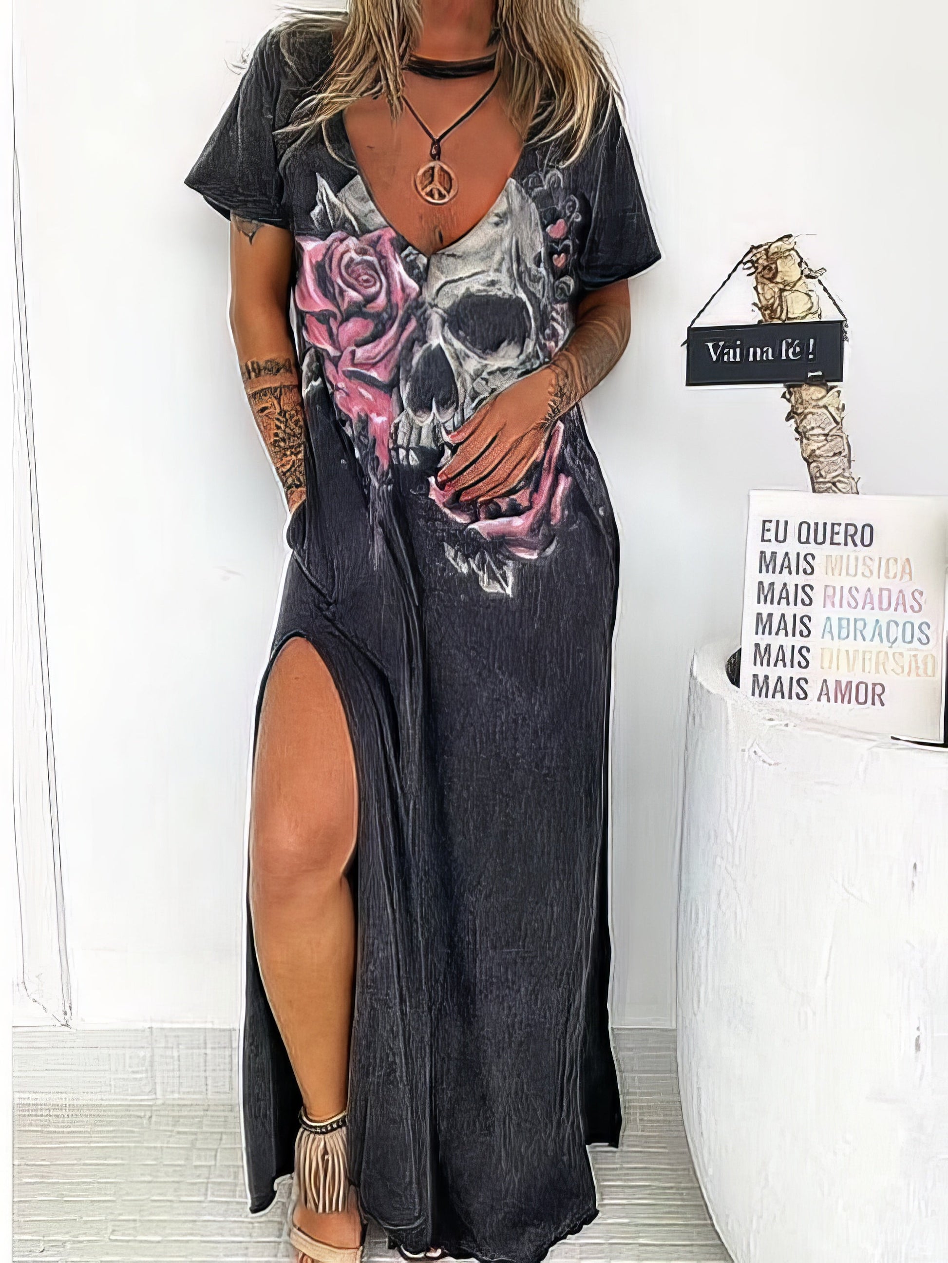Skull Printed V-Neck Loose Slit Dress with Short Sleeves