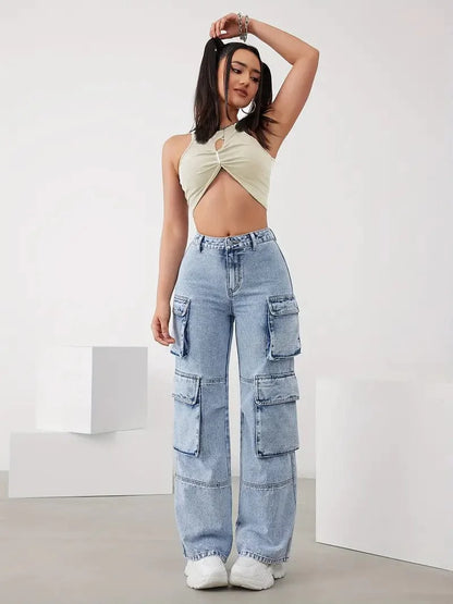Sky Blue Cargo Pants with High Waisted Loose Fit Legs for Women