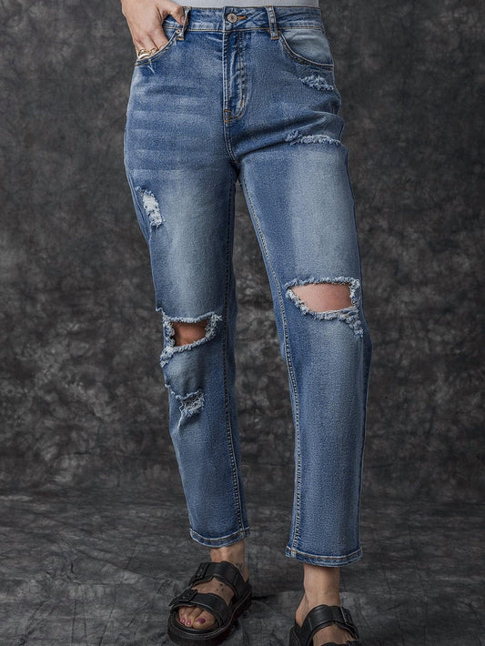 Sky Blue Open Knee Cutout Straight Leg Jeans