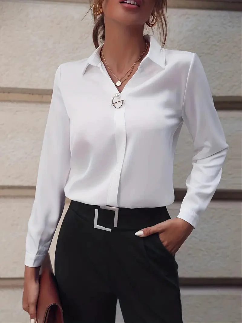 Sleek Lapel Slim Blouse, Sophisticated Long Sleeve Top Suitable for Spring & Autumn, Women's Apparel
