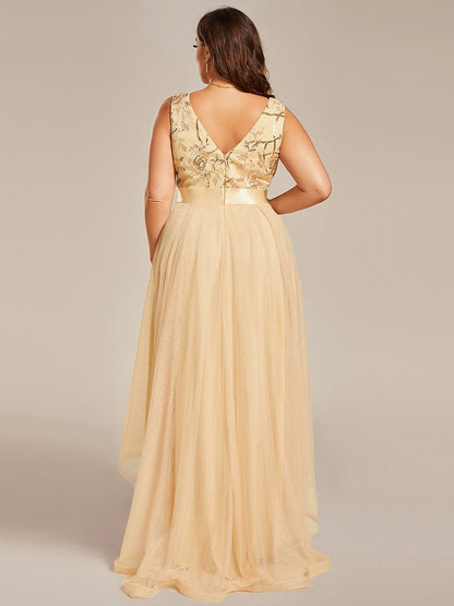 Sleeveless V-back Tulle High-Low Sequin Appliques Evening Dresses