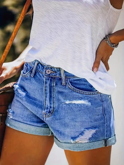 Slim Fit Blue Denim Shorts with Ripped Slash Pockets for Casual Style, Women's Denim Jeans & Clothing