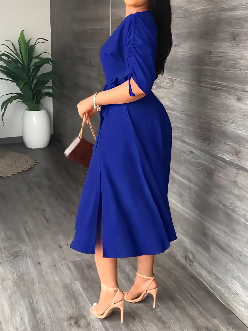 Sloping Shoulder Tie Mid Sleeve Dress