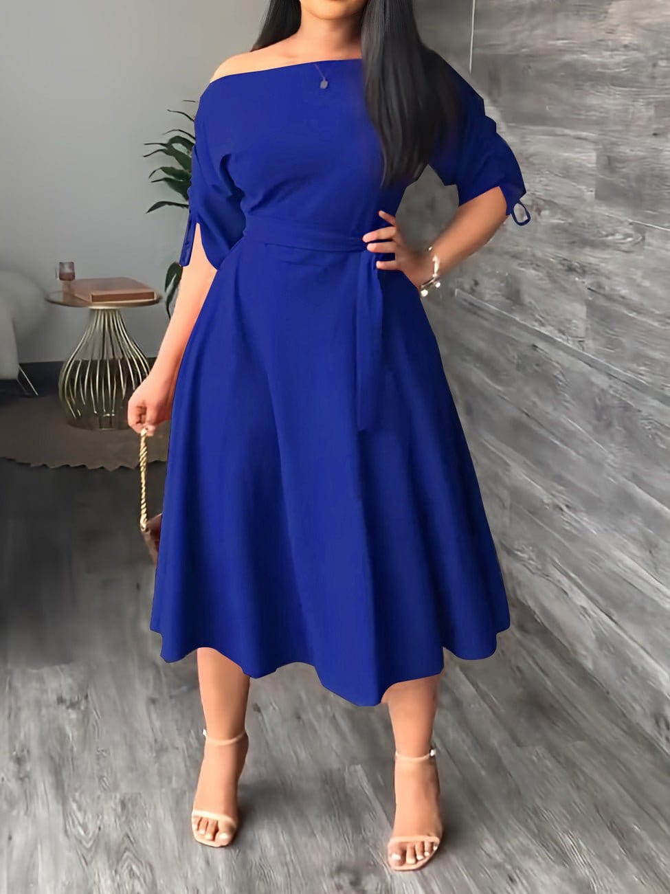 Sloping Shoulder Tie Mid Sleeve Dress