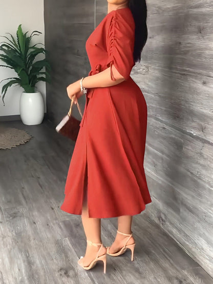 Sloping Shoulder Tie Mid Sleeve Dress