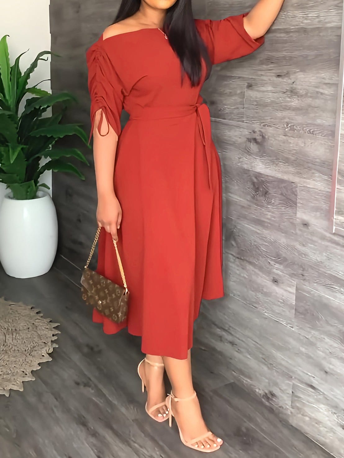 Sloping Shoulder Tie Mid Sleeve Dress