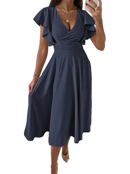 Sloping Shoulder Tie Mid Sleeve Dress