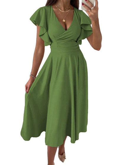 Sloping Shoulder Tie Mid Sleeve Dress