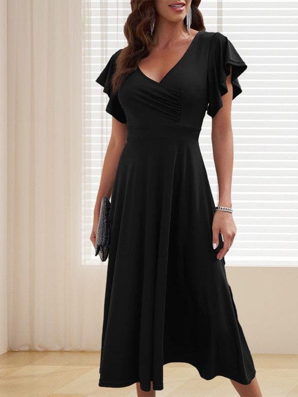 Sloping Shoulder Tie Mid Sleeve Dress