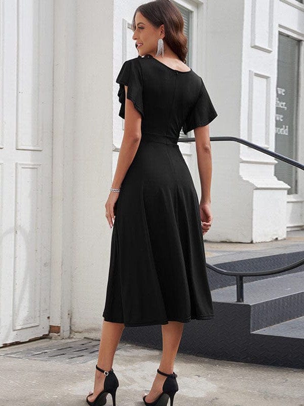 Sloping Shoulder Tie Mid Sleeve Dress