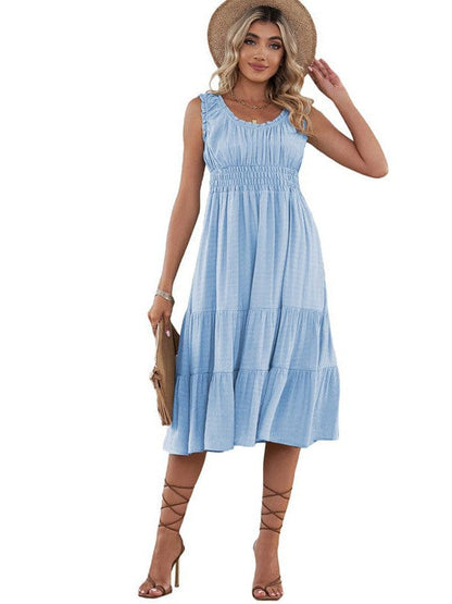 Smocked Ruffle Dress with Square Neck midi Skirt