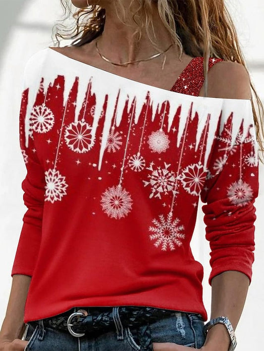 Snowflake Print Women's Off-Shoulder Christmas T-Shirt