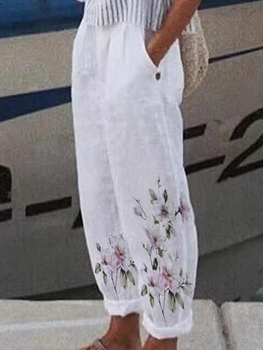 Women's Floral Comfort Linen Pant with Elastic Waist