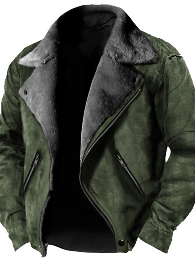 Men's Lightweight Jacket Leather Jacket Fleece Jacket Suede Jacket Outdoor Daily Wear Warm Pocket Fall Winter Plain Fashion Streetwear Lapel Regular Black Green Coffee Jacket