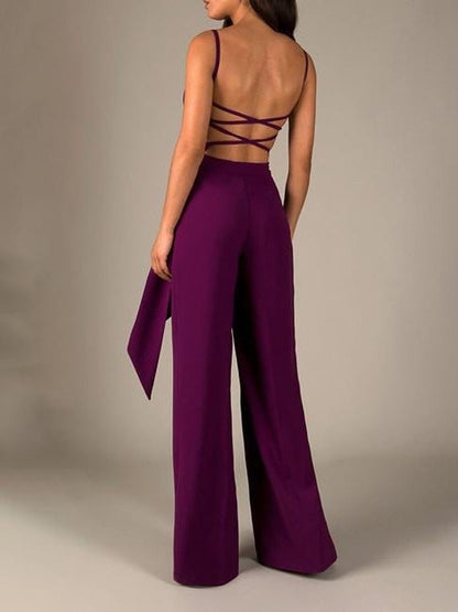 Solid All-match Hollow Open Back Sling Jumpsuit