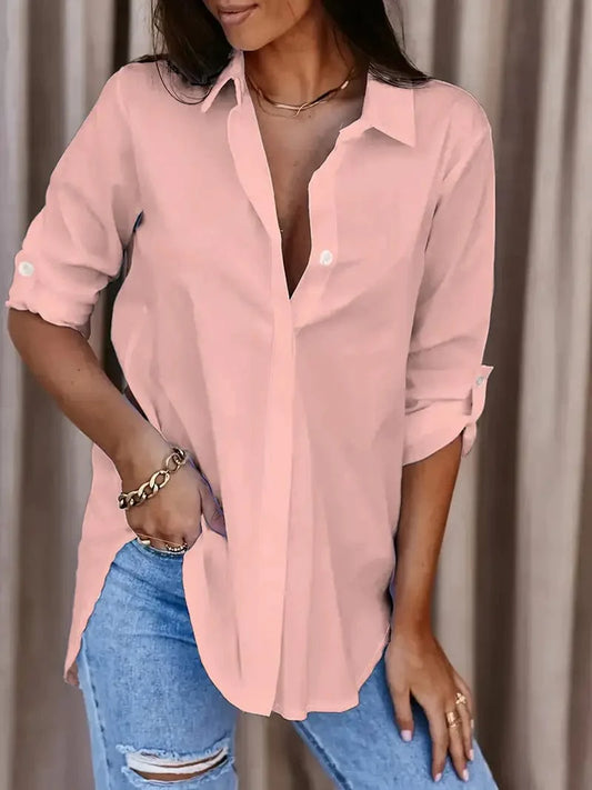 Solid Button Front Shirt with a Casual Turn Down Collar: Stylish Office Attire for Women