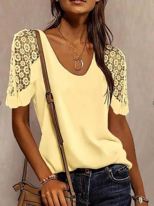 Solid Color Lace Stitching T-shirt