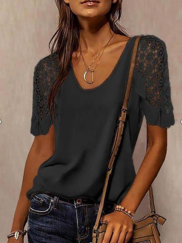 Solid Color Lace Stitching T-shirt