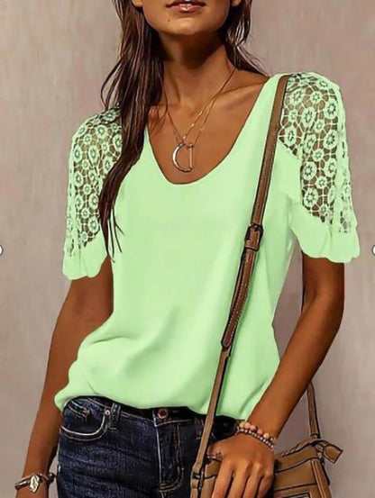 Solid Color Lace Stitching T-shirt