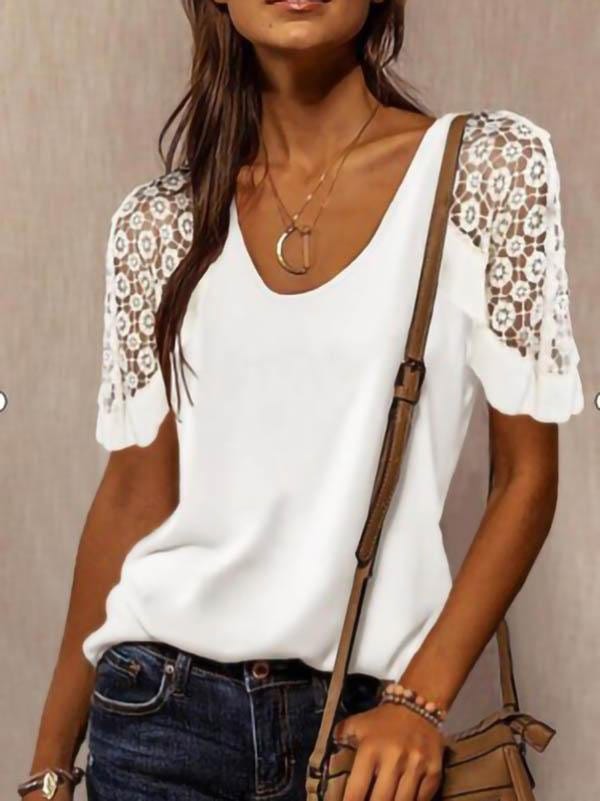 Solid Color Lace Stitching T-shirt