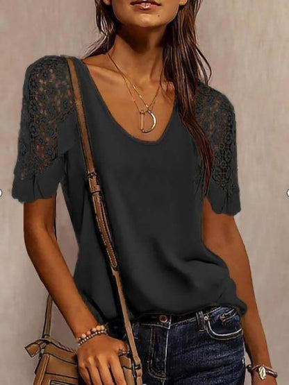 Solid Color Lace Stitching T-shirt