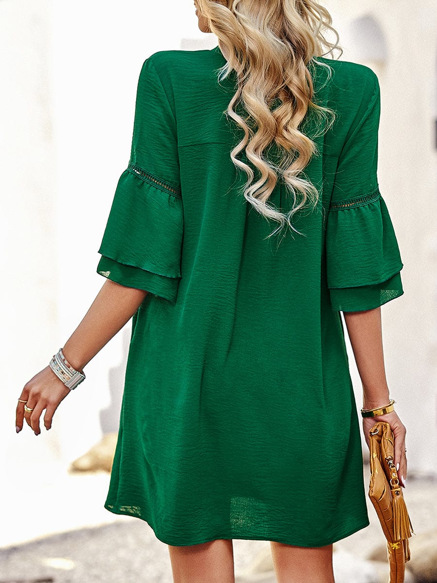 Solid Color Loose Fashion V Neck Mini Dress