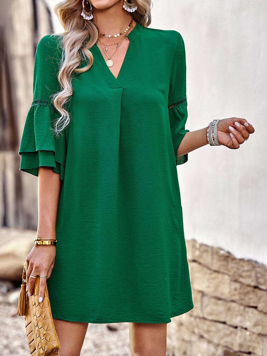 Solid Color Loose Fashion V Neck Mini Dress