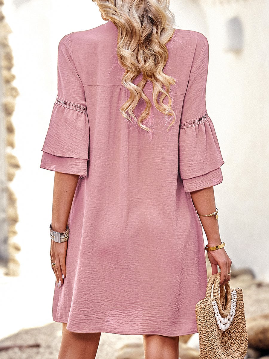 Solid Color Loose Fashion V Neck Mini Dress