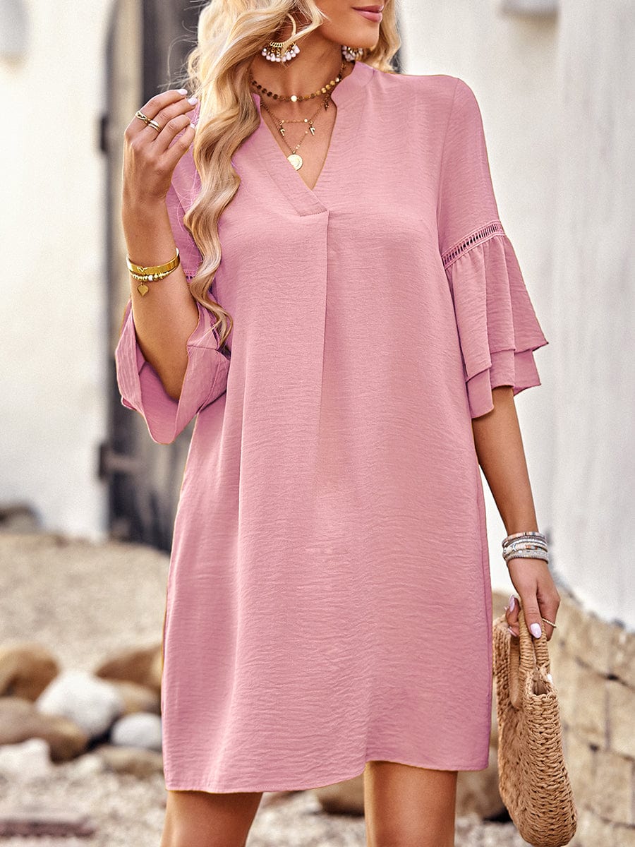 Solid Color Loose Fashion V Neck Mini Dress