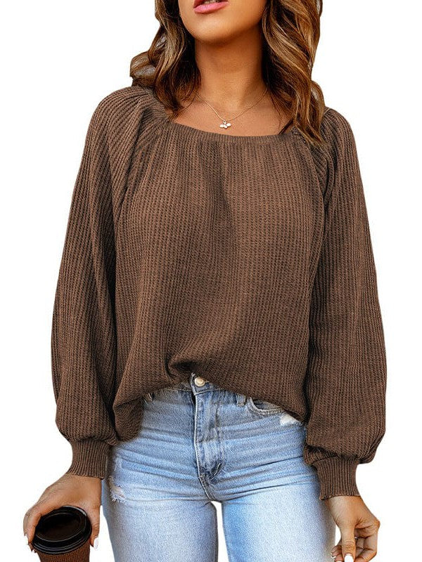 Solid Color Loose Waffle Women's Pullover with Square Neck and Bottoming Shirt