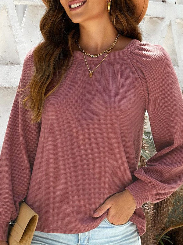 Solid Color Loose Waffle Women's Pullover with Square Neck and Bottoming Shirt