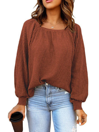 Solid Color Loose Waffle Women's Pullover with Square Neck and Bottoming Shirt