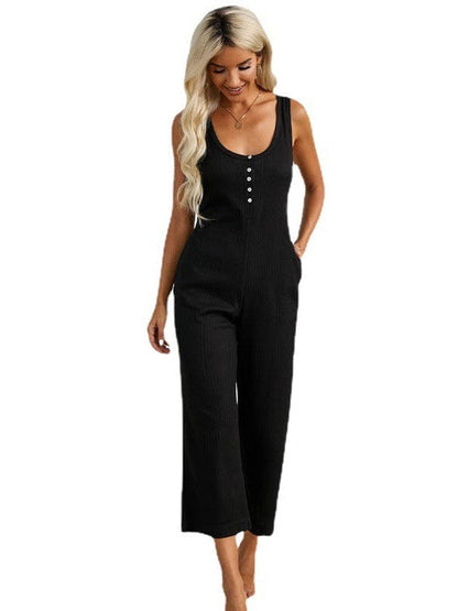 Solid Color Sleeveless Buttoned Pocket Jumpsuit for Women