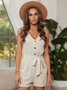 Solid Color Sleeveless Buttoned Pocket Jumpsuit for Women