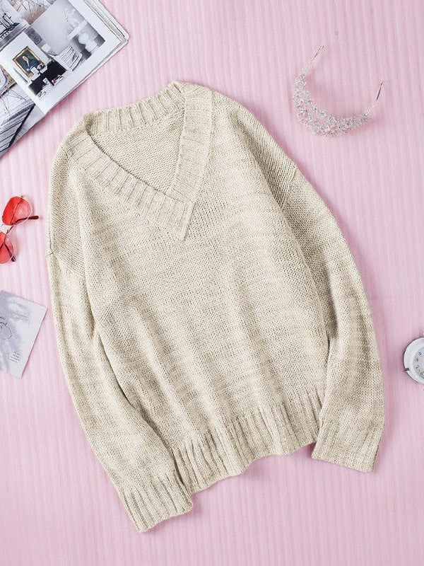 Solid Color V-Neck Loose Knitted Pullover Sweater for Women