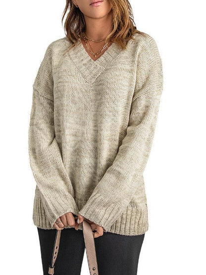 Solid Color V-Neck Loose Knitted Pullover Sweater for Women