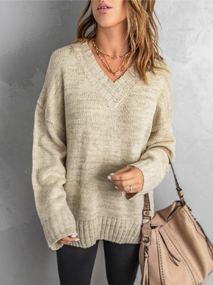 Solid Color V-Neck Loose Knitted Pullover Sweater for Women