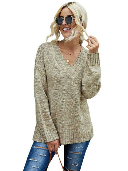 Solid Color V-Neck Loose Knitted Pullover Sweater for Women