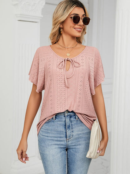 Solid Color V Neck Tie Loose Short Sleeve T-Shirt