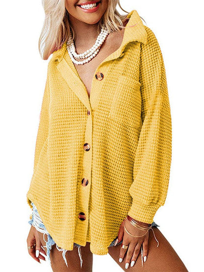 Solid Color Women's Waffle Blouse with Stand Collar and Pocket