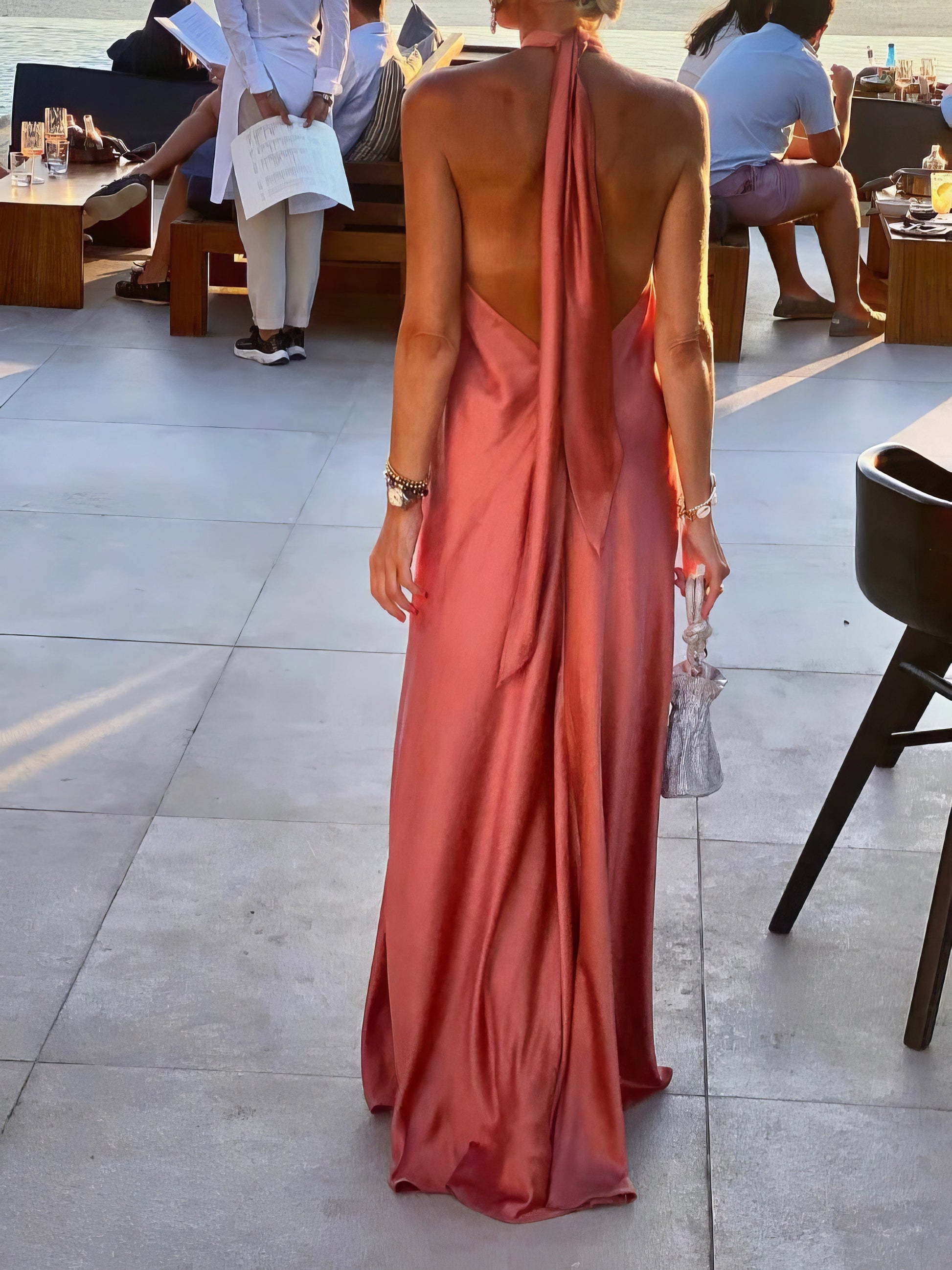 Solid Halter Neck Open Back Sleeveless Dress