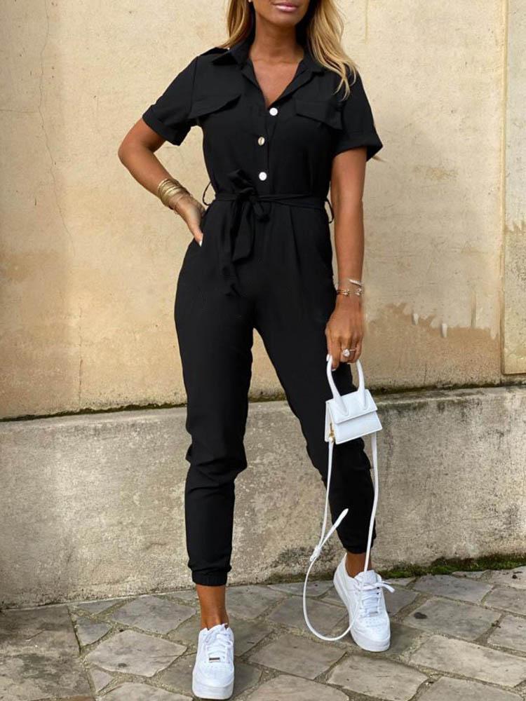 Solid Short Sleeve Buttoned Jumpsuit