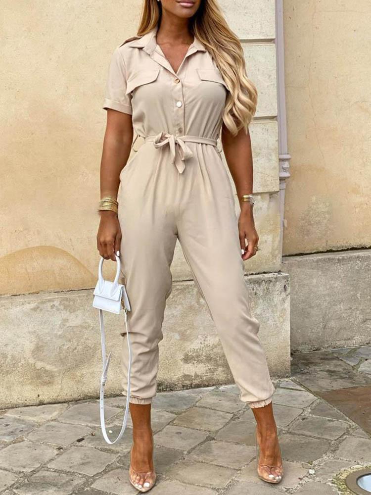 Solid Short Sleeve Buttoned Jumpsuit