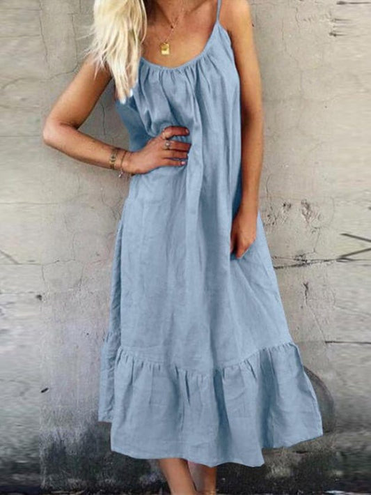 Solid Sling Ruffled Casual Dress