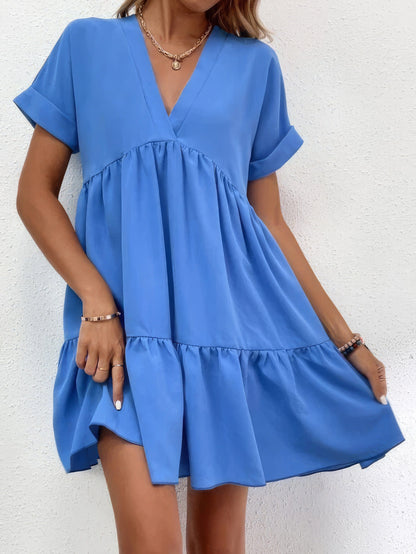Solid V-Neck Short Sleeve Mini Dress