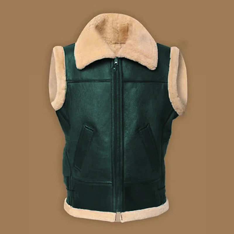 Vintage Retro Men's Leather Shearling Zip-Up Vest with Faux Fur Lining in Deep Green